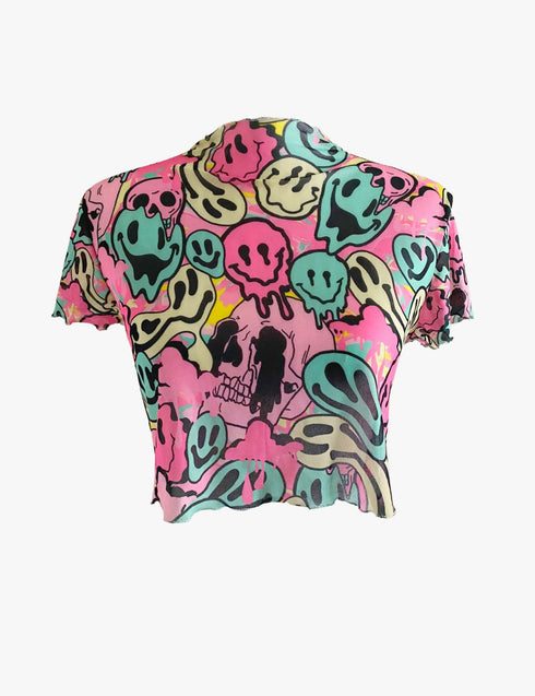 Neon Melted Smiley Mesh Crop top in Pastel